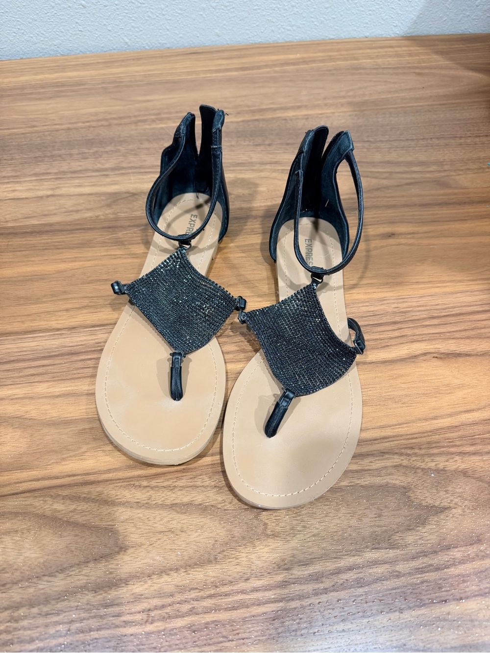 Express Black Beaded T-Strap Sandals for Women